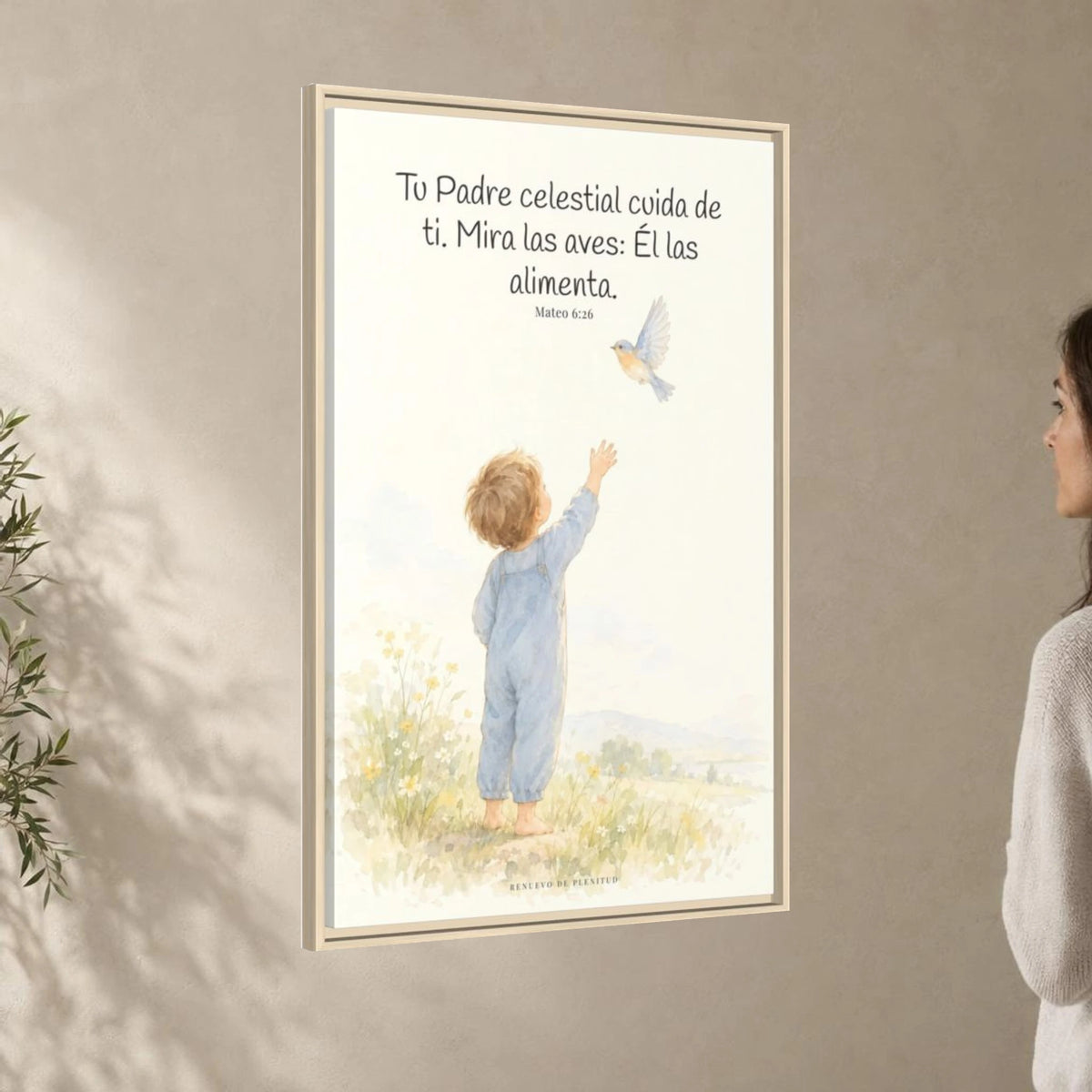 Tu Padre celestial cuida de mí — Lienzo Cristiano Enmarcado | Mateo 6:26 — 24×36 pulgadas, marco natural, vista angular ambiental del marco flotante, escala física calibrada