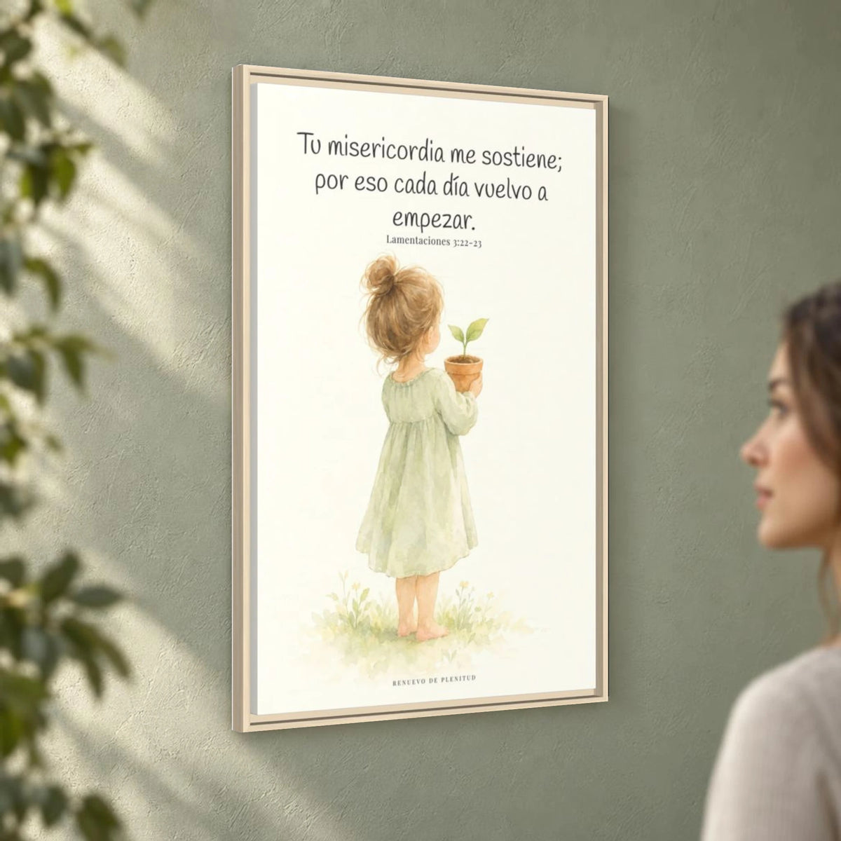 Por la misericordia de Jehová no fuimos consumidos — Lienzo Cristiano Enmarcado | Lamentaciones 3:22-23 — 24×36 pulgadas, marco natural, vista angular ambiental del marco flotante, escala física calibrada