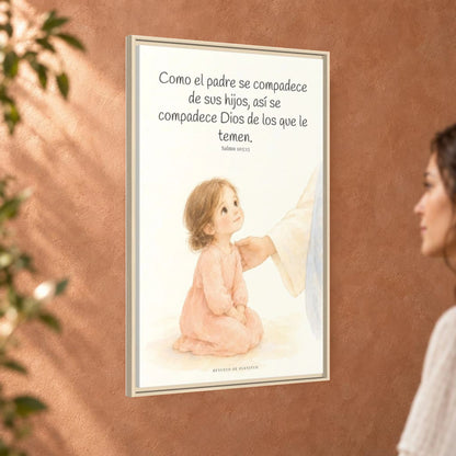 Como el padre se compadece de sus hijos — Lienzo Cristiano Enmarcado | Salmo 103:13 — 24×36 pulgadas, marco natural, vista angular ambiental del marco flotante, escala física calibrada