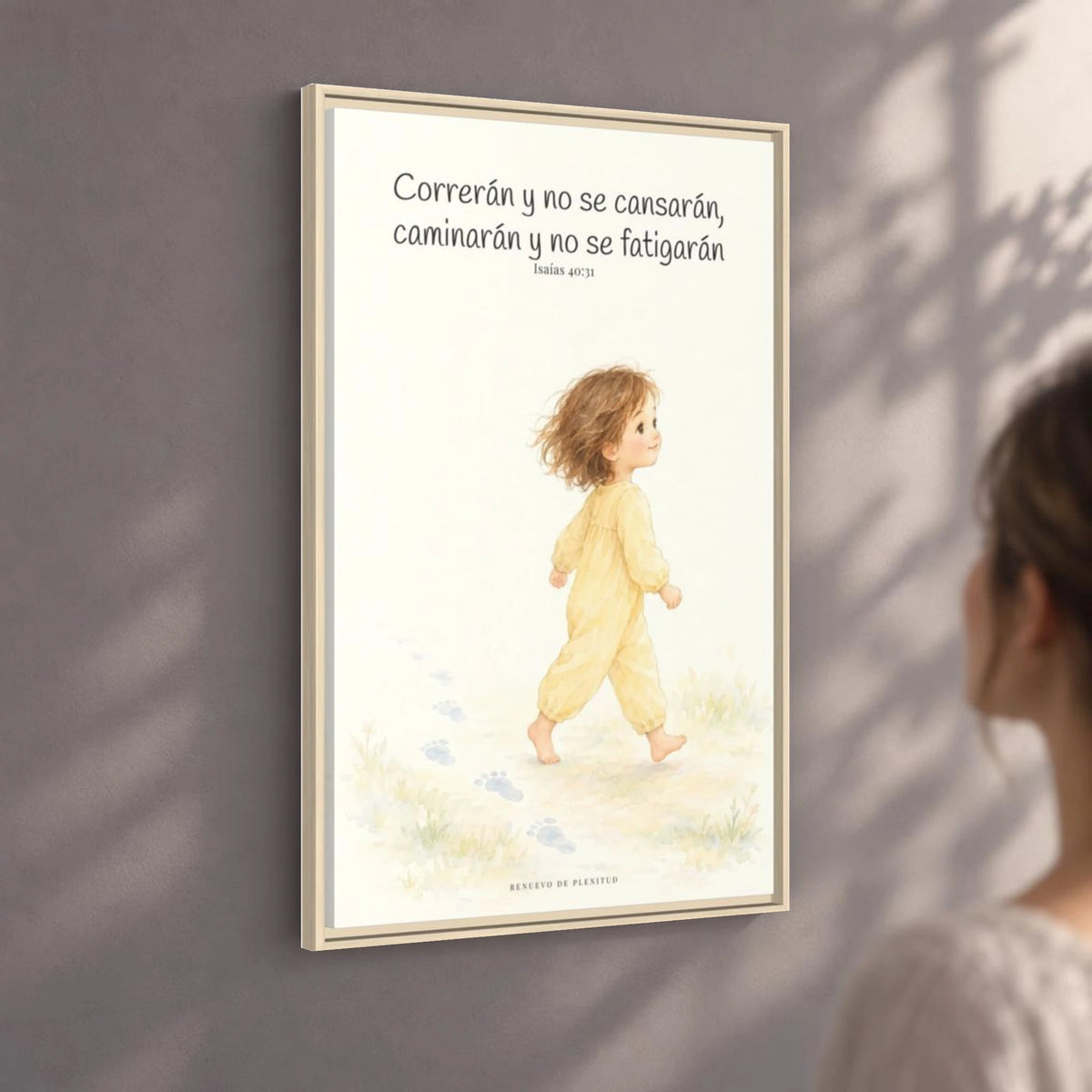 Correrán y no se cansarán — Lienzo Cristiano Enmarcado | Isaías 40:31 — 24×36 pulgadas, marco natural, vista angular ambiental del marco flotante, escala física calibrada