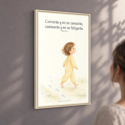 Correrán y no se cansarán — Lienzo Cristiano Enmarcado | Isaías 40:31 — 24×36 pulgadas, marco natural, vista angular ambiental del marco flotante, escala física calibrada