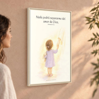Nada podrá separarme del amor de Dios | Cuadro de inspiración bíblica | Romanos 8:31 — 24×36 pulgadas, marco natural, vista angular ambiental del marco flotante, escala física calibrada