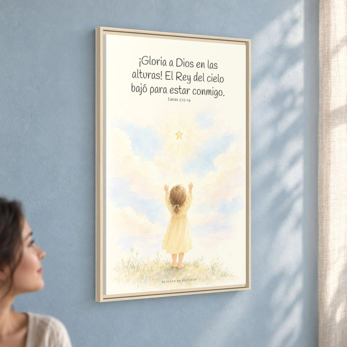Gloria a Dios en las alturas — Lienzo Cristiano Enmarcado | Lucas 2:13-14 — 24×36 pulgadas, marco natural, vista angular ambiental del marco flotante, escala física calibrada