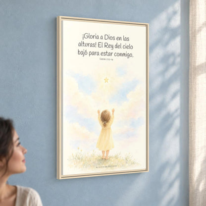 Gloria a Dios en las alturas — Lienzo Cristiano Enmarcado | Lucas 2:13-14 — 24×36 pulgadas, marco natural, vista angular ambiental del marco flotante, escala física calibrada