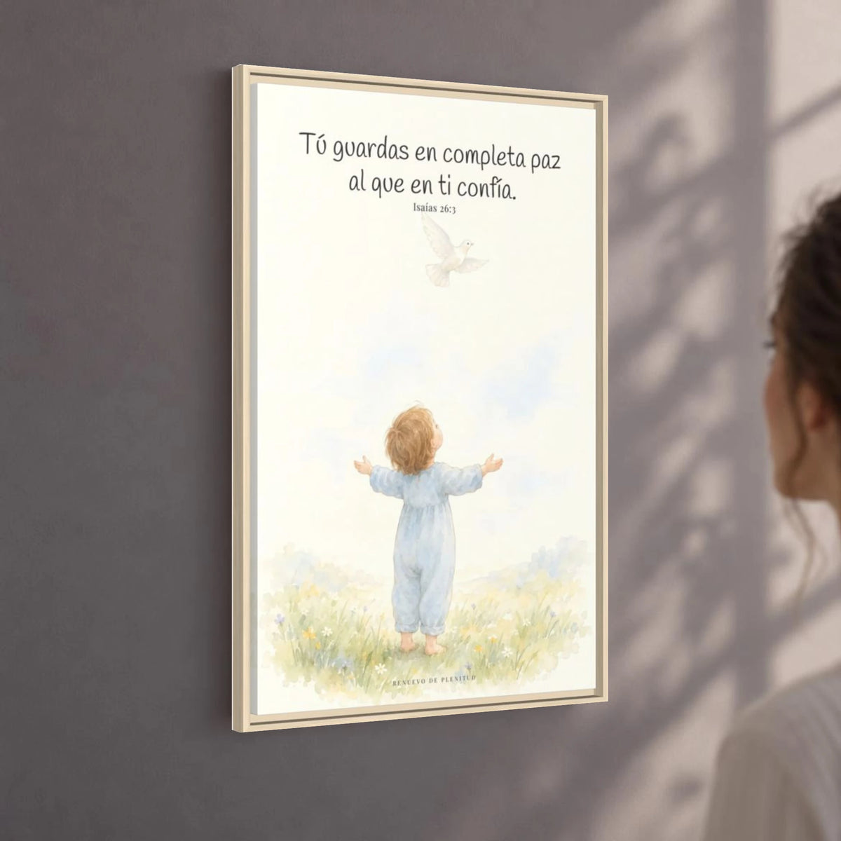 Tú guardas en paz al que confía en ti — Lienzo Cristiano Enmarcado | Isaías 26:3 — 24×36 pulgadas, marco natural, vista angular ambiental del marco flotante, escala física calibrada