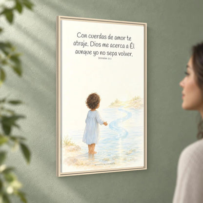 Con cuerdas de amor te atraje — Lienzo Cristiano Enmarcado | Jeremías 31:3 — 24×36 pulgadas, marco natural, vista angular ambiental del marco flotante, escala física calibrada