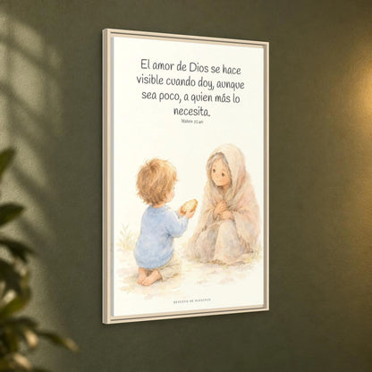 El amor de Dios se da en cosas pequeñas — Lienzo Cristiano Enmarcado | Mateo 25:40 — 24×36 pulgadas, marco natural, vista angular ambiental del marco flotante, escala física calibrada