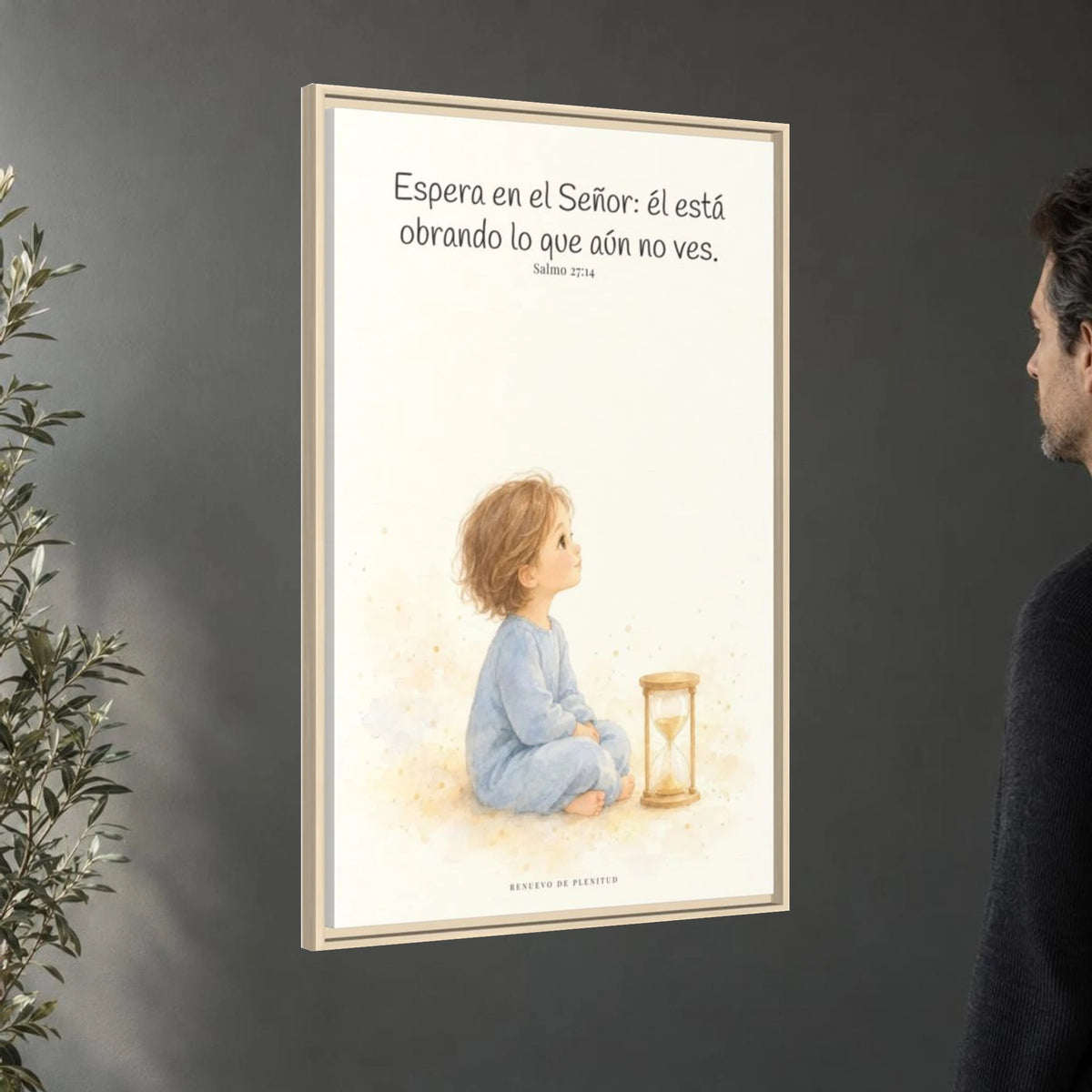 Espera en Jehová, y él te sostendrá — Lienzo Cristiano Enmarcado | Salmo 27:14 — 24×36 pulgadas, marco natural, vista angular ambiental del marco flotante, escala física calibrada