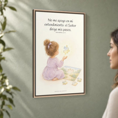 El Señor dirige mis pasos | Decoración cristiana enmarcada | Proverbios 3:5-6 — 24×36 pulgadas, marco natural, vista angular ambiental del marco flotante, escala física calibrada