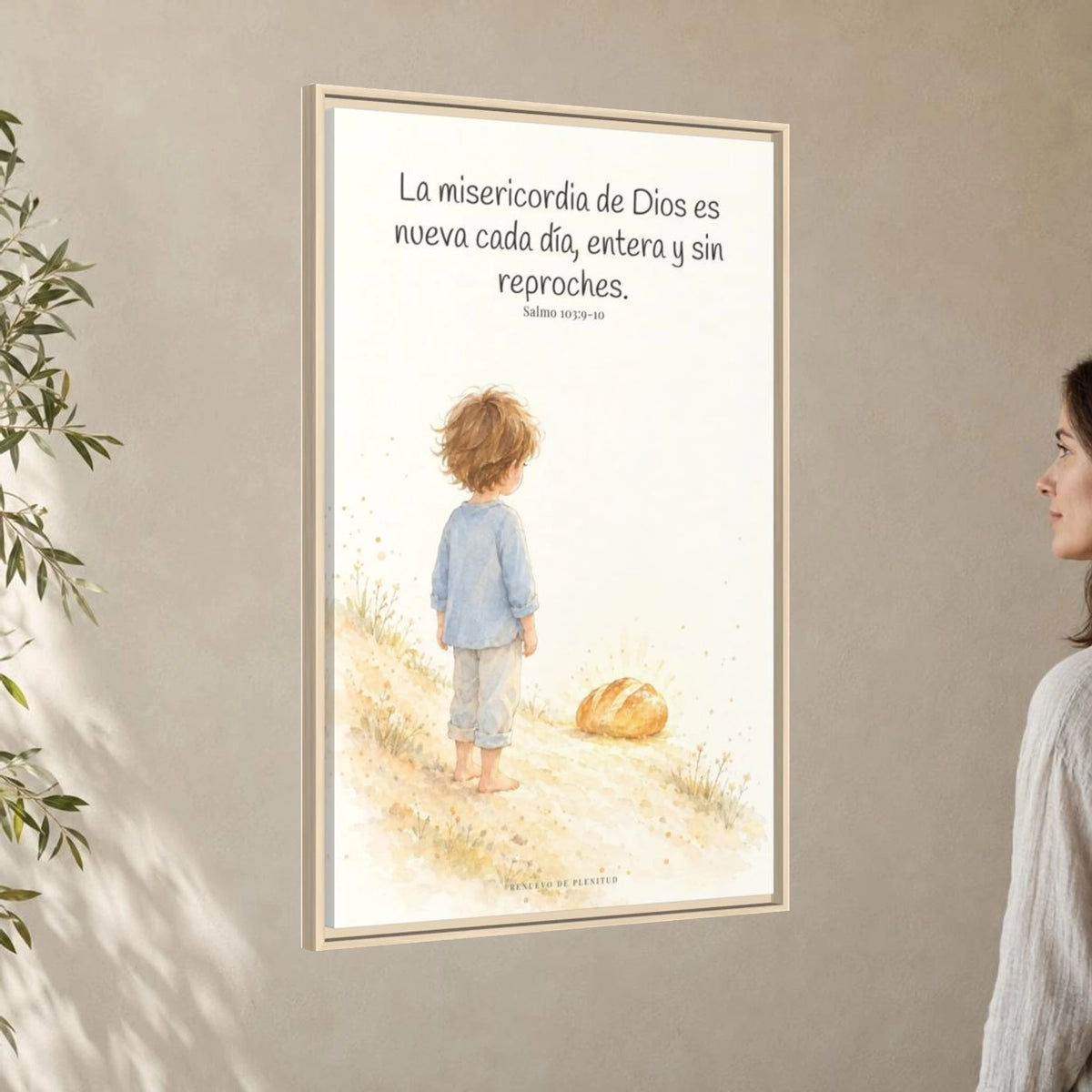 La misericordia de Dios es nueva cada día — Lienzo Cristiano Enmarcado | Salmo 103:9-10 — 24×36 pulgadas, marco natural, vista angular ambiental del marco flotante, escala física calibrada