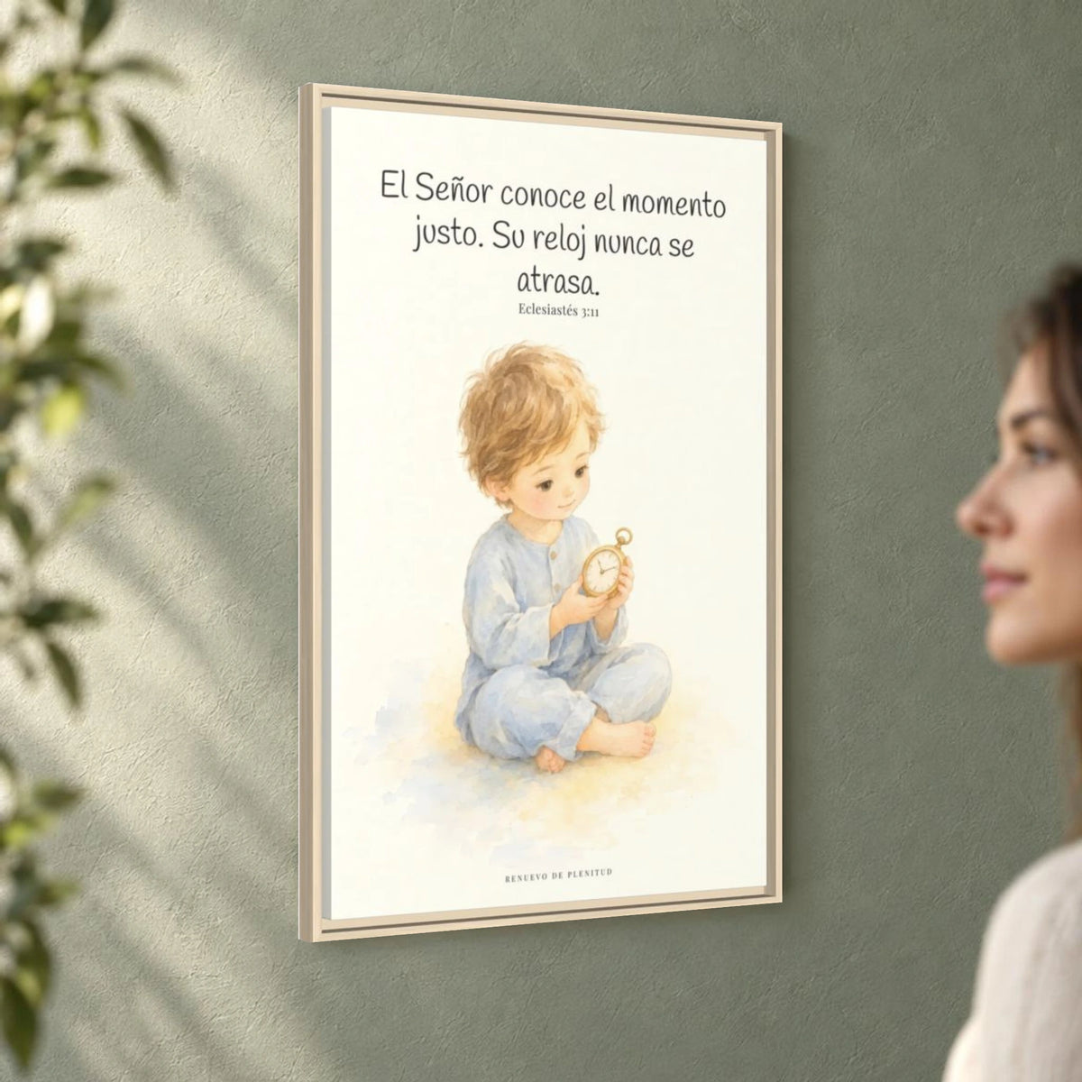 El Señor conoce el momento justo — Lienzo Cristiano Enmarcado | Eclesiastés 3:11 — 24×36 pulgadas, marco natural, vista angular ambiental del marco flotante, escala física calibrada