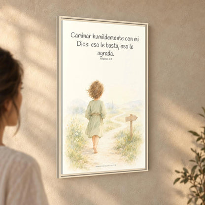 Caminar con Dios es suficiente — Lienzo Cristiano Enmarcado | Miqueas 6:8 — 24×36 pulgadas, marco natural, vista angular ambiental del marco flotante, escala física calibrada