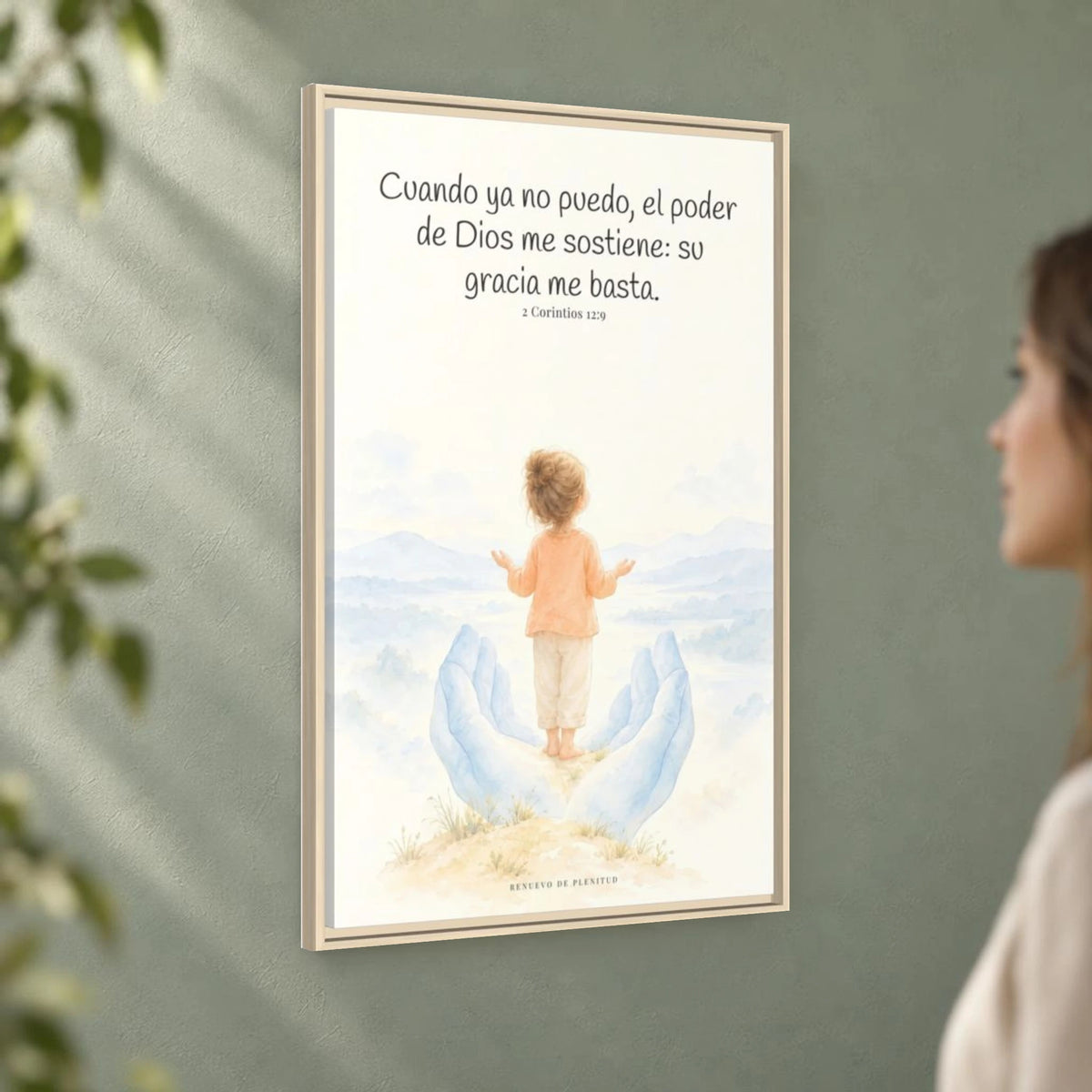 El poder de Dios se perfecciona en mi debilidad — Lienzo Cristiano Enmarcado | 2 Corintios 12:9 — 24×36 pulgadas, marco natural, vista angular ambiental del marco flotante, escala física calibrada