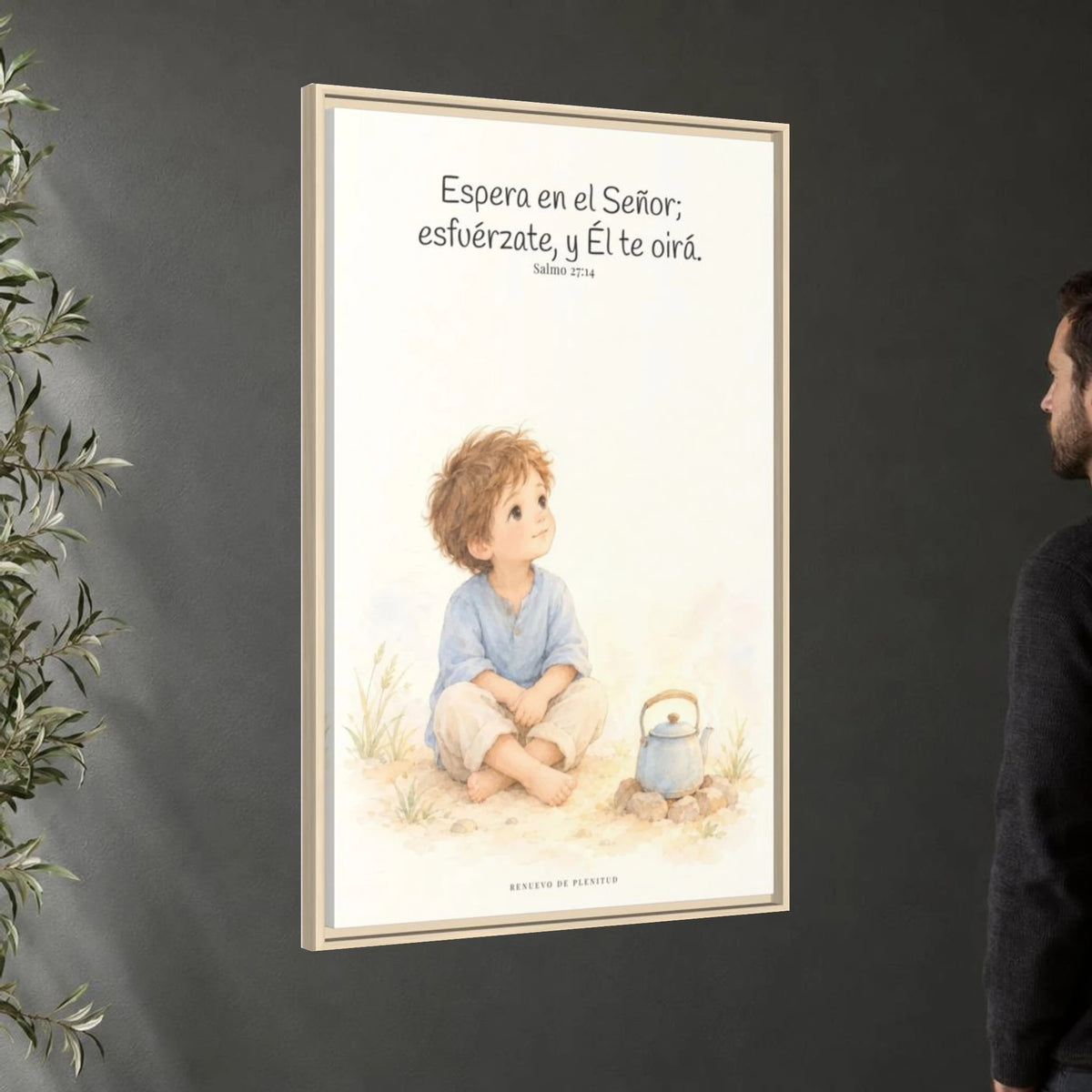 Espera en Jehová, Él te oye — Lienzo Cristiano Enmarcado | Salmo 27:14 — 24×36 pulgadas, marco natural, vista angular ambiental del marco flotante, escala física calibrada