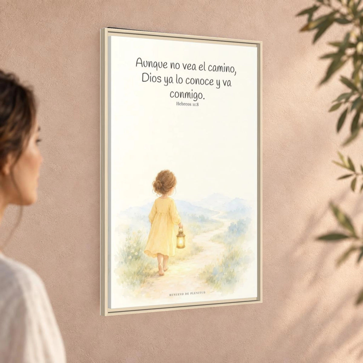 Dios va conmigo aunque no vea el camino — Lienzo Cristiano Enmarcado | Hebreos 11:8 — 24×36 pulgadas, marco natural, vista angular ambiental del marco flotante, escala física calibrada