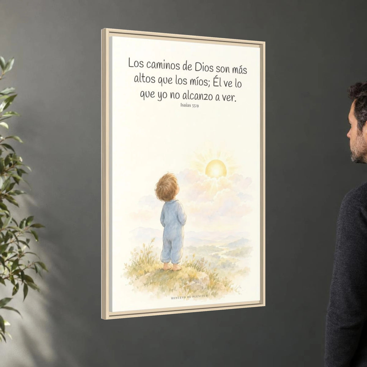 Los pensamientos de Dios son más altos que los míos — Lienzo Cristiano Enmarcado | Isaías 55:9 — 24×36 pulgadas, marco natural, vista angular ambiental del marco flotante, escala física calibrada