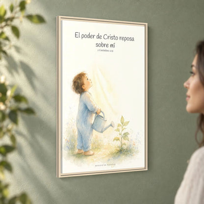Su poder descansa sobre mí — Lienzo Cristiano Enmarcado | 2 Corintios 12:9 — 24×36 pulgadas, marco natural, vista angular ambiental del marco flotante, escala física calibrada