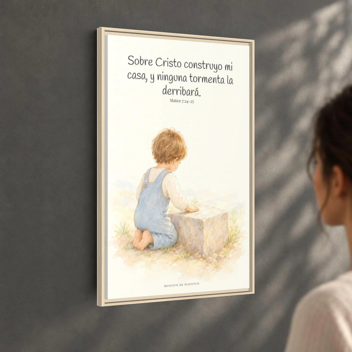 Sobre Cristo construyo mi casa — Lienzo Cristiano Enmarcado | Mateo 7:24-25 — 24×36 pulgadas, marco natural, vista angular ambiental del marco flotante, escala física calibrada