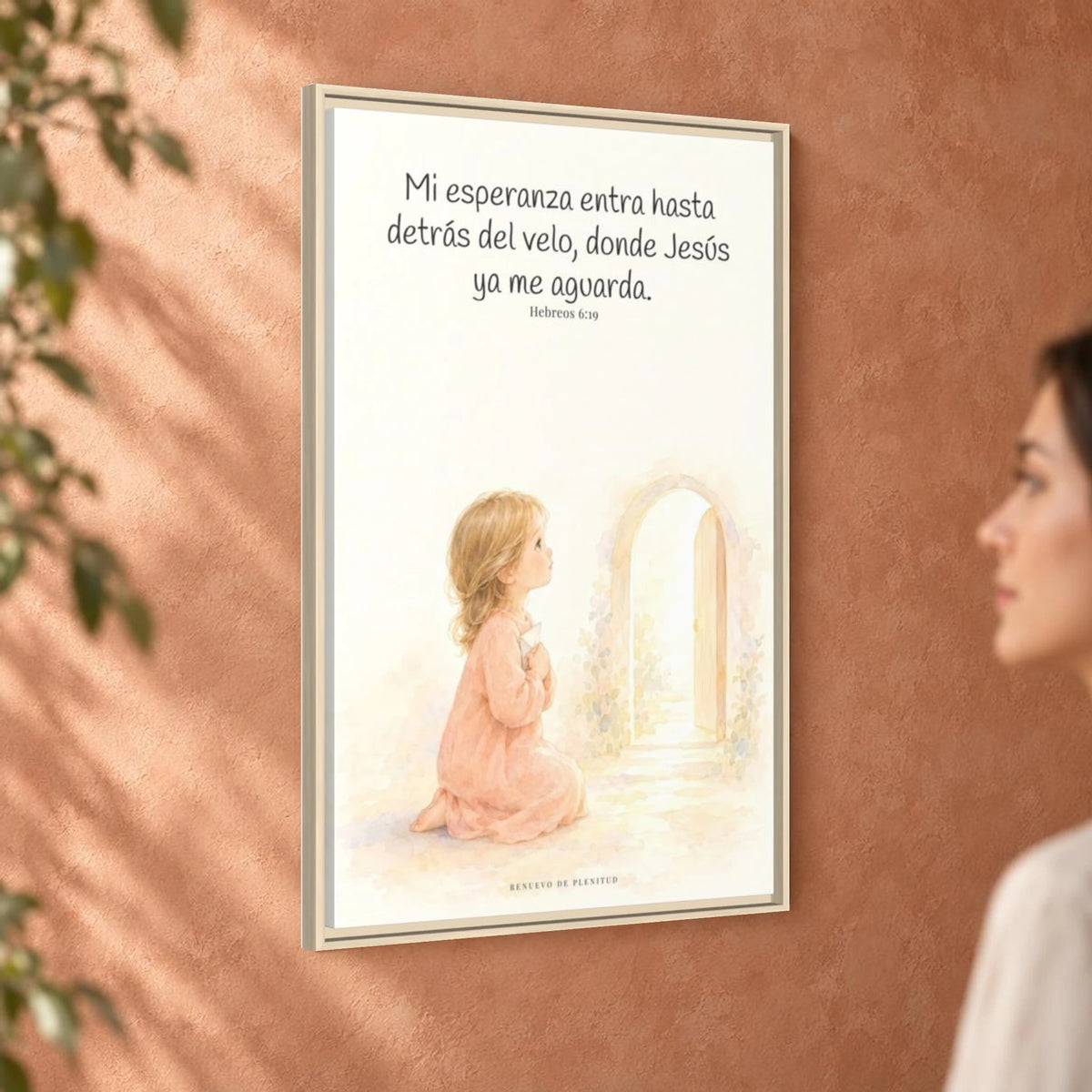 Mi esperanza entra hasta detrás del velo — Lienzo Cristiano Enmarcado | Hebreos 6:19 — 24×36 pulgadas, marco natural, vista angular ambiental del marco flotante, escala física calibrada