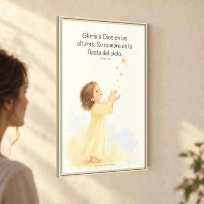 El cielo entero da gloria a Dios | Decoración de fe para pared | Lucas 2:14 — 24×36 pulgadas, marco natural, vista angular ambiental del marco flotante, escala física calibrada