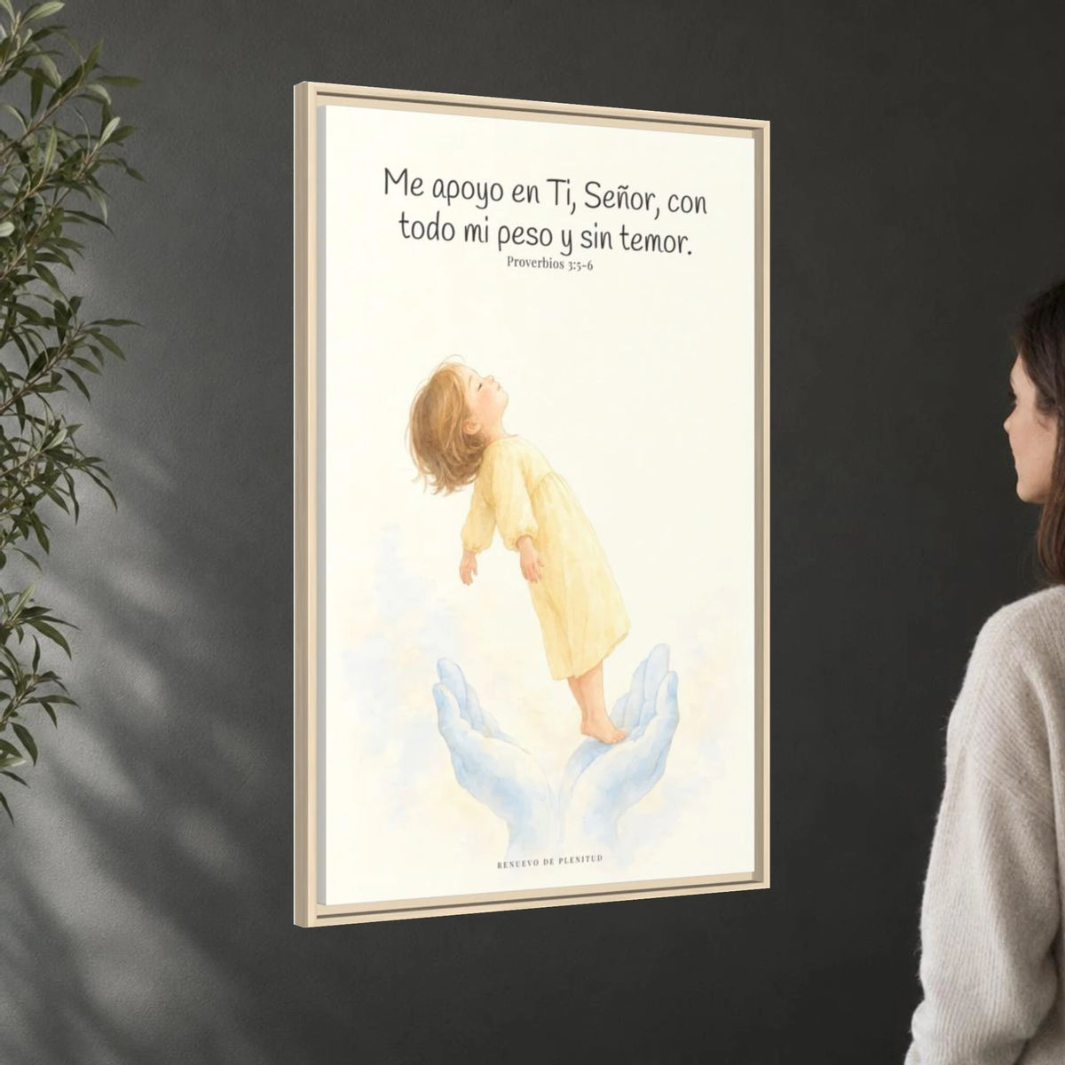 En Jehová confío de todo corazón — Lienzo Cristiano Enmarcado | Proverbios 3:5-6 — 24×36 pulgadas, marco natural, vista angular ambiental del marco flotante, escala física calibrada