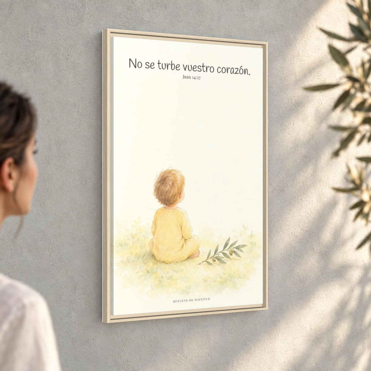 No se turbe vuestro corazón — Lienzo Cristiano Enmarcado | Juan 14:27 — 24×36 pulgadas, marco natural, vista angular ambiental del marco flotante, escala física calibrada