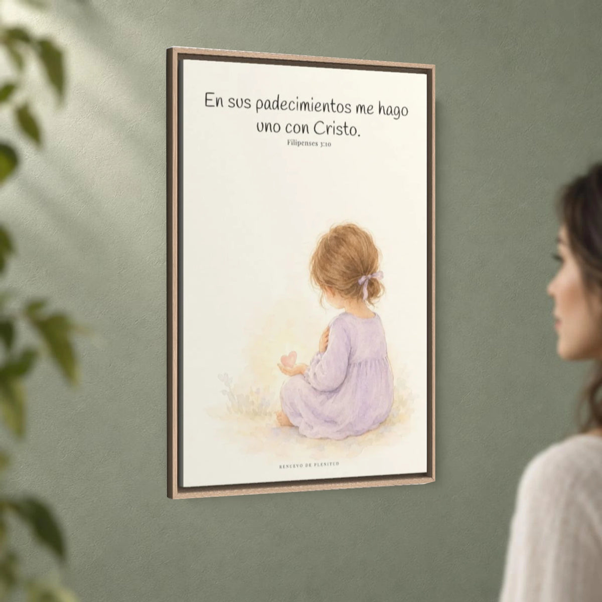 Participar de sus padecimientos me acerca a Él | Arte bíblico para pared | Filipenses 3:10 — 24×36 pulgadas, marco natural, vista angular ambiental del marco flotante, escala física calibrada