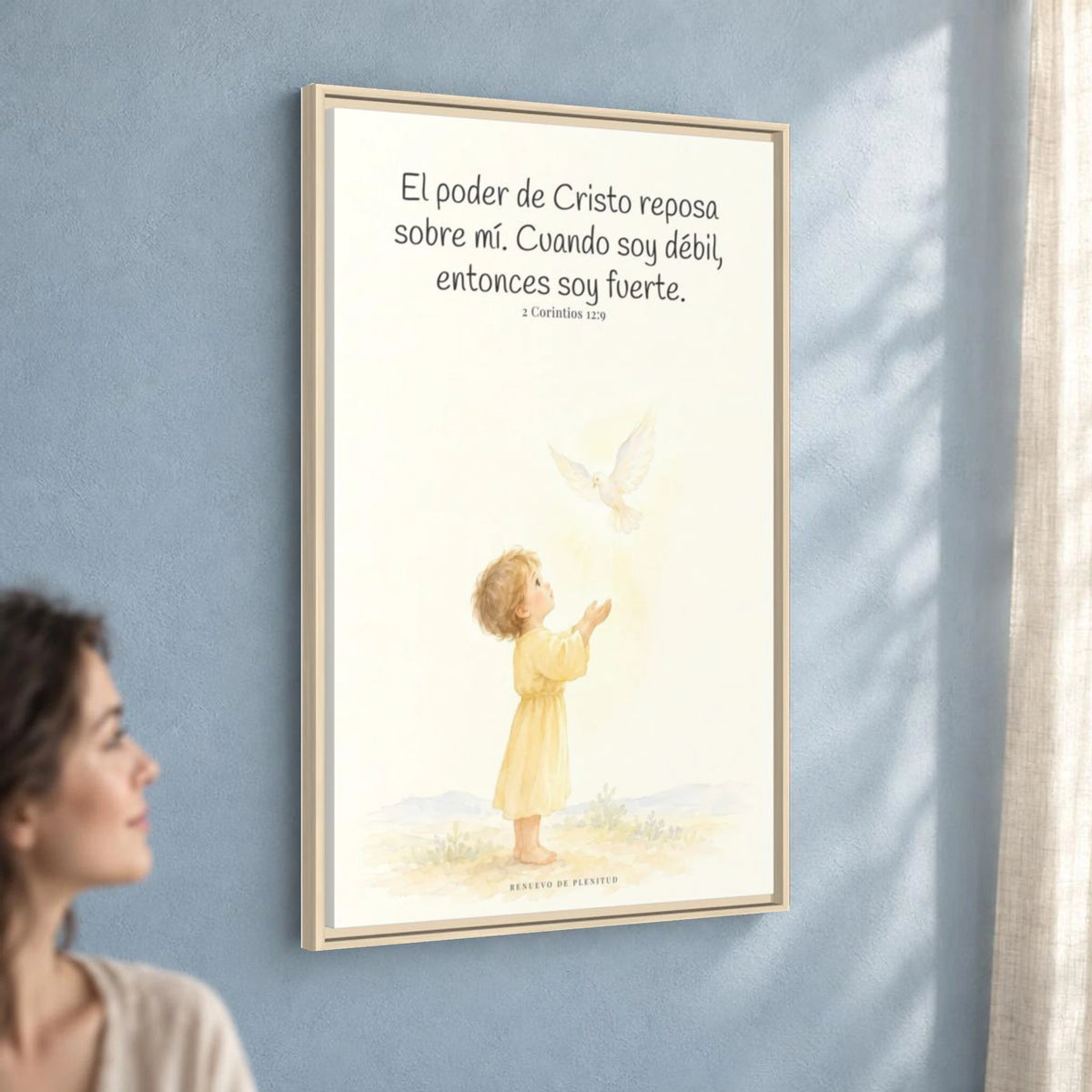 El poder de Cristo reposa sobre mí — Lienzo Cristiano Enmarcado | 2 Corintios 12:9 — 24×36 pulgadas, marco natural, vista angular ambiental del marco flotante, escala física calibrada
