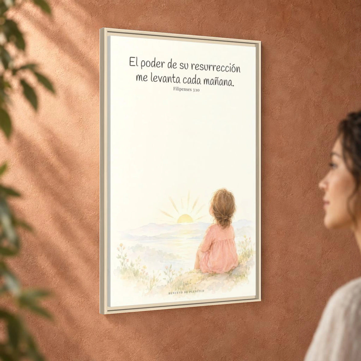 El poder de su resurrección me levanta — Lienzo Cristiano Enmarcado | Filipenses 3:10 — 24×36 pulgadas, marco natural, vista angular ambiental del marco flotante, escala física calibrada