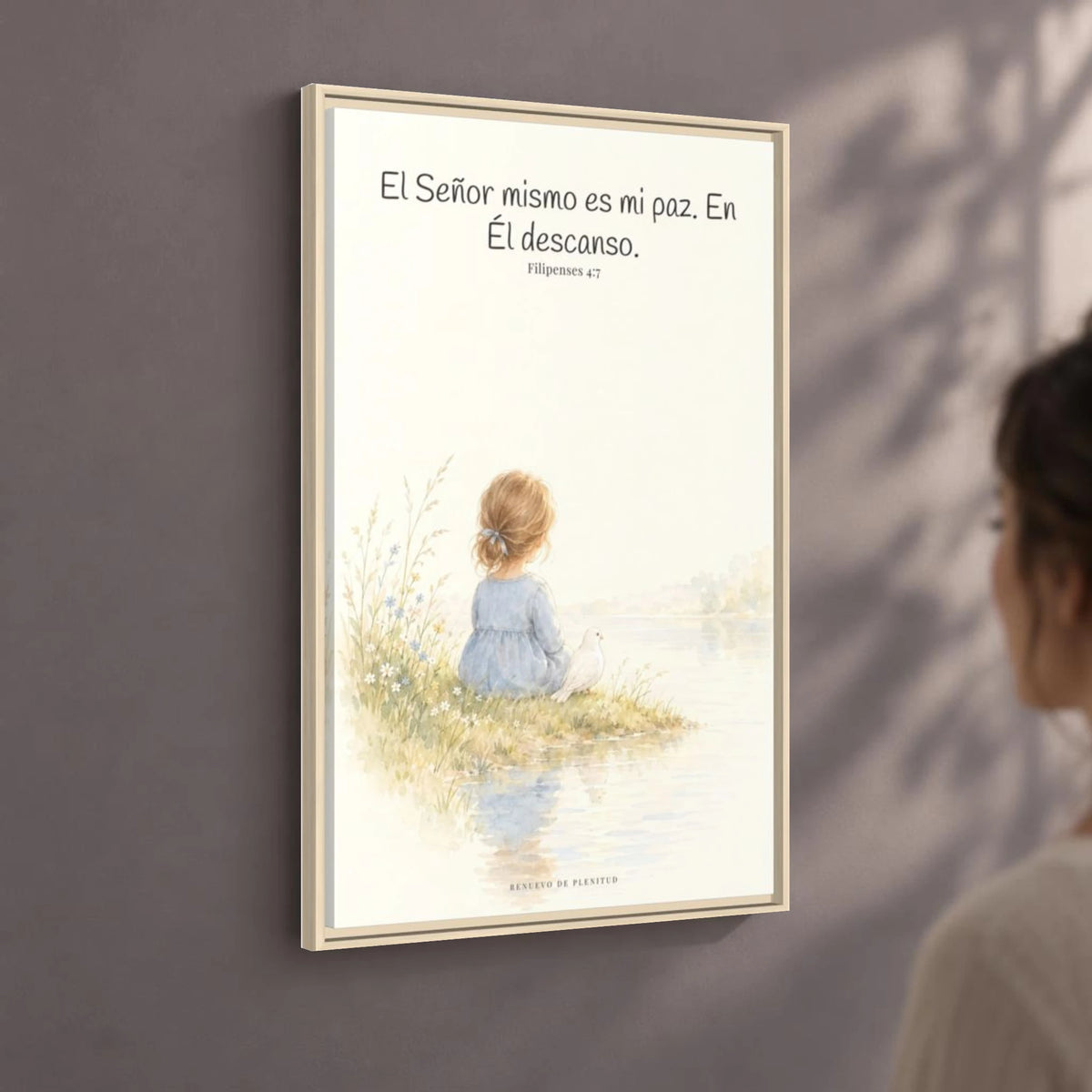 El Señor mismo es mi paz — Lienzo Cristiano Enmarcado | Filipenses 4:7 — 24×36 pulgadas, marco natural, vista angular ambiental del marco flotante, escala física calibrada