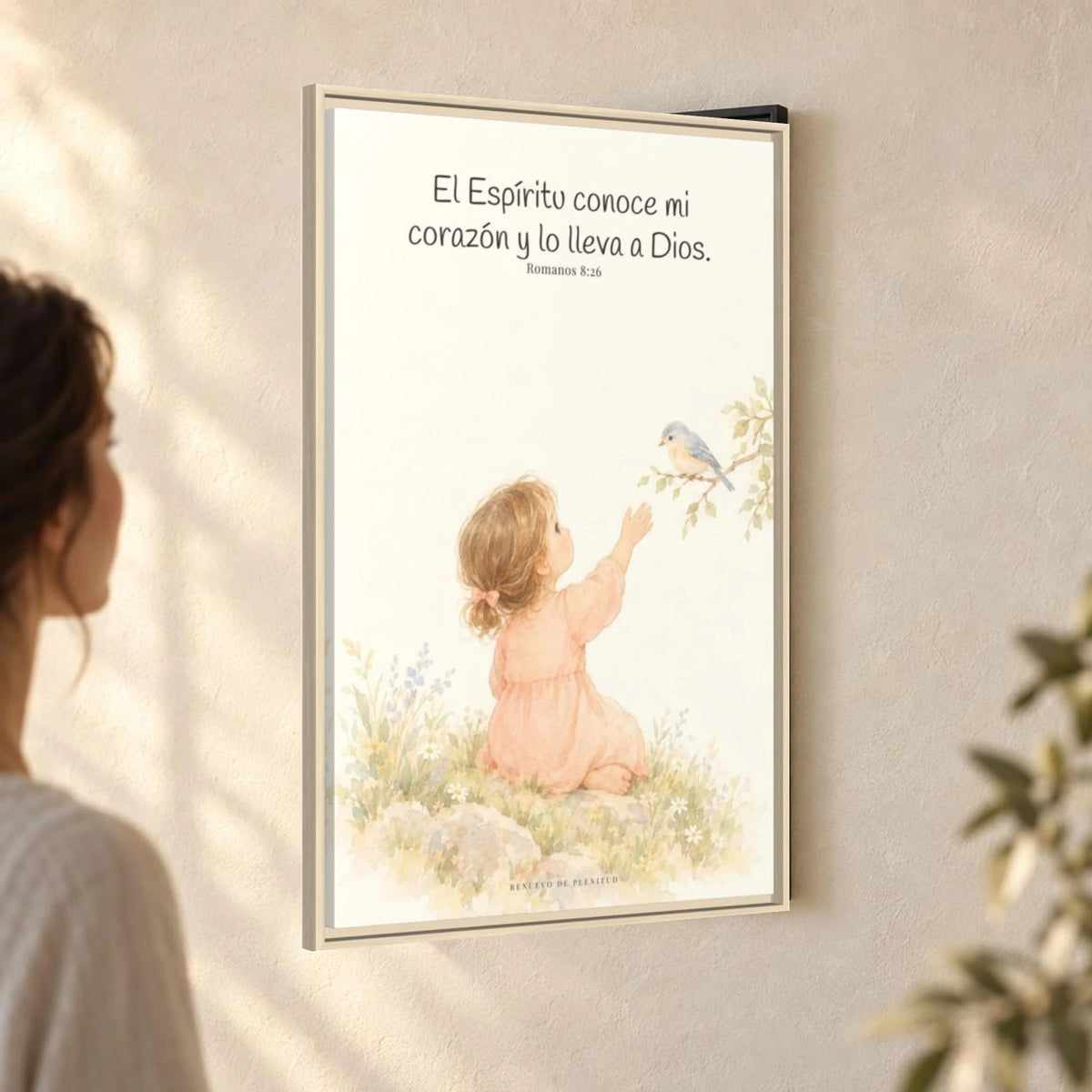 El Espíritu conoce lo que hay en mi corazón — Lienzo Cristiano Enmarcado | Romanos 8:26 — 24×36 pulgadas, marco natural, vista angular ambiental del marco flotante, escala física calibrada