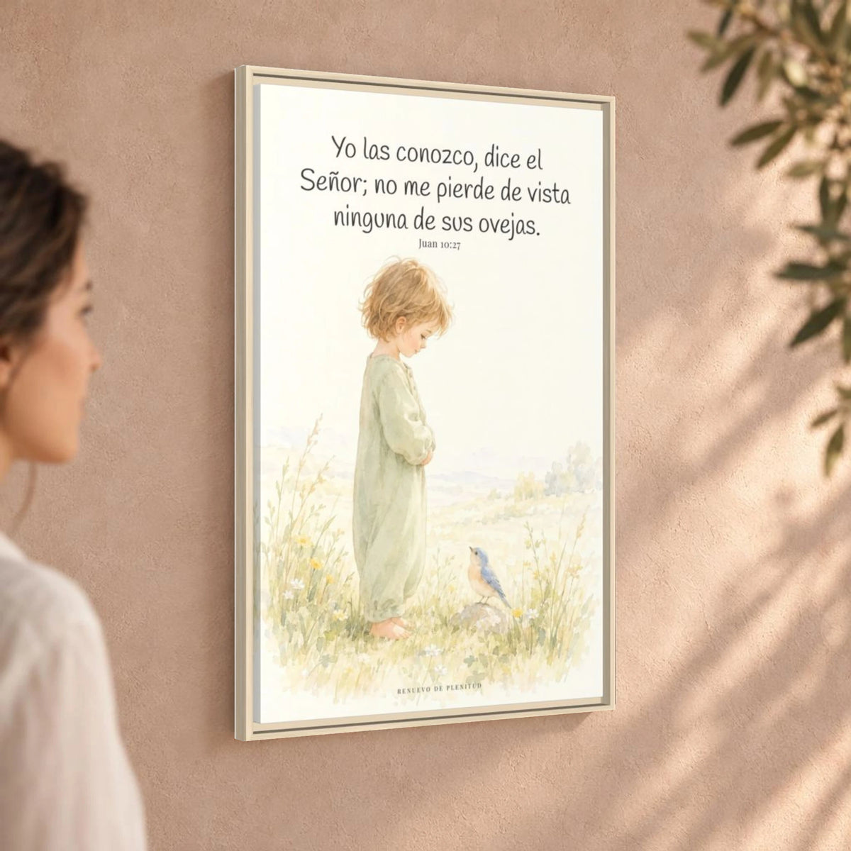 El Señor me conoce por mi nombre — Lienzo Cristiano Enmarcado | Juan 10:27 — 24×36 pulgadas, marco natural, vista angular ambiental del marco flotante, escala física calibrada