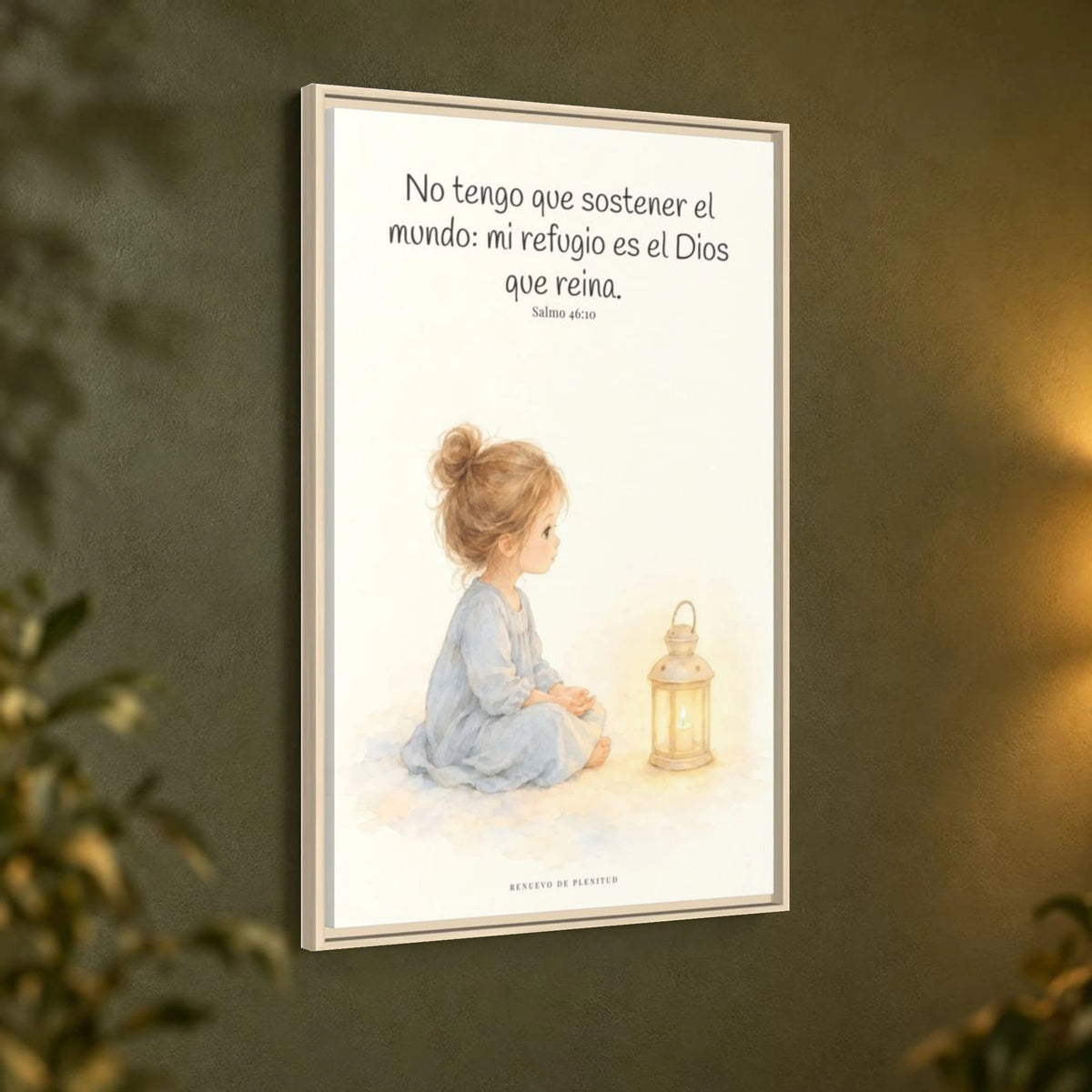 El Señor de los ejércitos está con nosotros — Lienzo Cristiano Enmarcado | Salmo 46:10 — 24×36 pulgadas, marco natural, vista angular ambiental del marco flotante, escala física calibrada