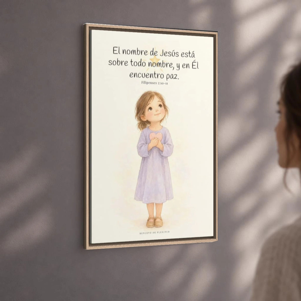 El nombre de Jesús está sobre todo nombre | Lienzo de fe para el hogar | Filipenses 2:10-11 — 24×36 pulgadas, marco natural, vista angular ambiental del marco flotante, escala física calibrada