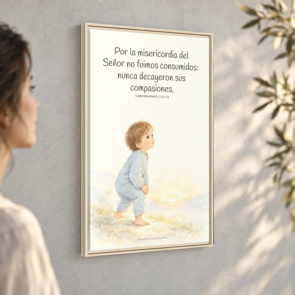 Por la misericordia de Jehová no fuimos consumidos — Lienzo Cristiano Enmarcado | Lamentaciones 3:22-23 — 24×36 pulgadas, marco natural, vista angular ambiental del marco flotante, escala física calibrada