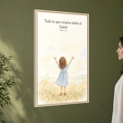 Todo lo que respira alabe a Jehová — Lienzo Cristiano Enmarcado | Salmo 150:6 — 24×36 pulgadas, marco natural, vista angular ambiental del marco flotante, escala física calibrada