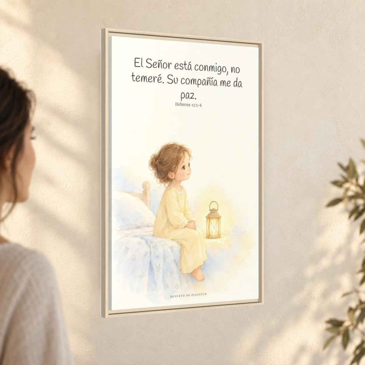 El Señor está conmigo, no temeré — Lienzo Cristiano Enmarcado | Hebreos 13:5-6 — 24×36 pulgadas, marco natural, vista angular ambiental del marco flotante, escala física calibrada