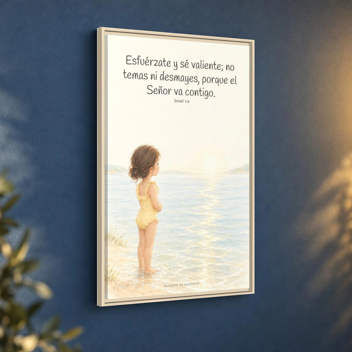 Esfuérzate y sé valiente — Lienzo Cristiano Enmarcado | Josué 1:9 — 24×36 pulgadas, marco natural, vista angular ambiental del marco flotante, escala física calibrada