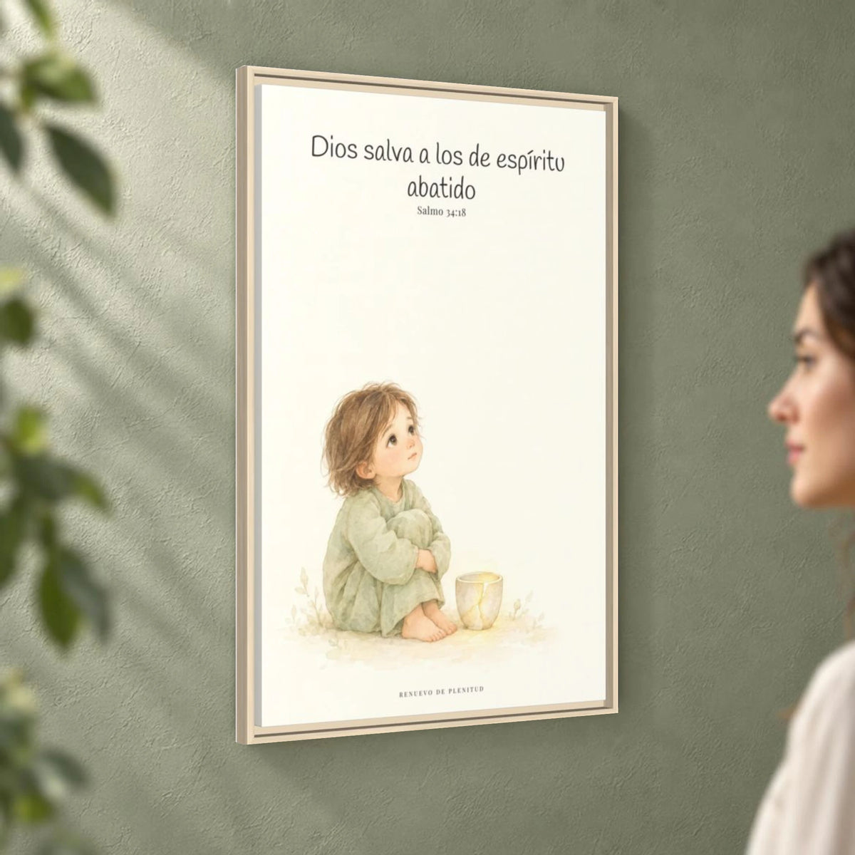 Dios salva al espíritu abatido | Lienzo de fe para el hogar | Salmo 34:18 — 24×36 pulgadas, marco natural, vista angular ambiental del marco flotante, escala física calibrada