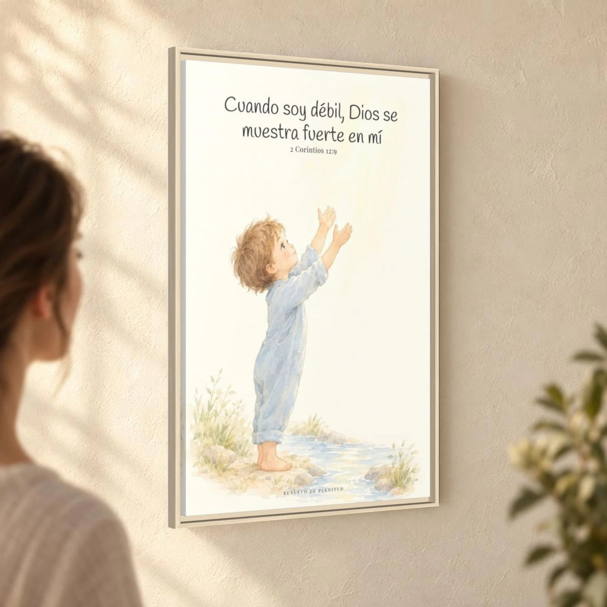 En mi debilidad Dios se muestra fuerte | Arte cristiano enmarcado | 2 Corintios 12:9 — 24×36 pulgadas, marco natural, vista angular ambiental del marco flotante, escala física calibrada