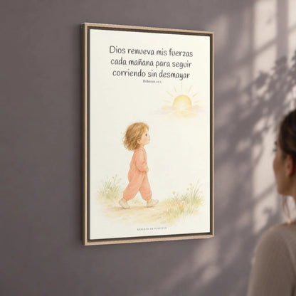Dios me da nuevas fuerzas cada mañana | Decoración de fe para pared | Hebreos 12:1 — 24×36 pulgadas, marco natural, vista angular ambiental del marco flotante, escala física calibrada