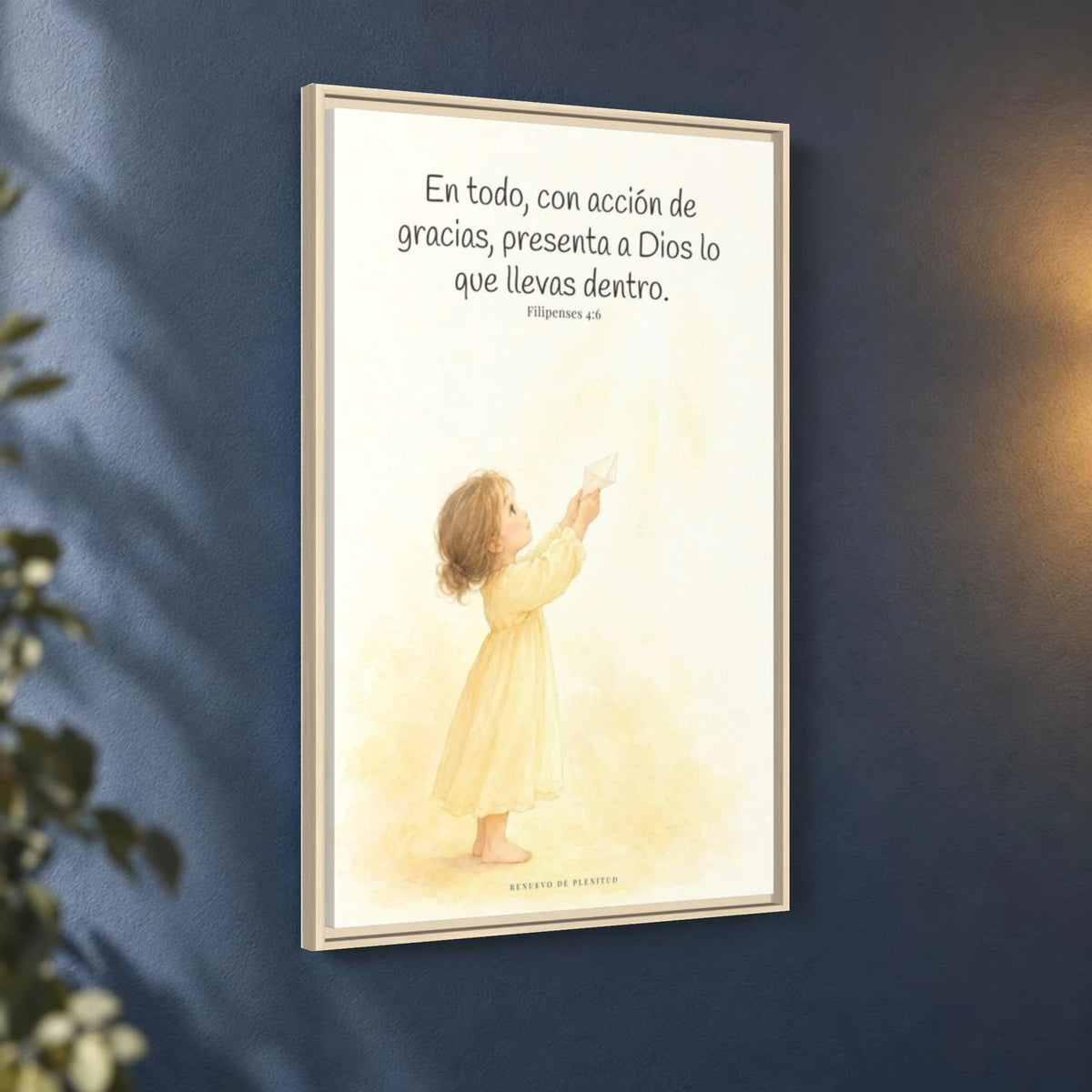 Con acción de gracias, presenta todo a Dios — Lienzo Cristiano Enmarcado | Filipenses 4:6 — 24×36 pulgadas, marco natural, vista angular ambiental del marco flotante, escala física calibrada