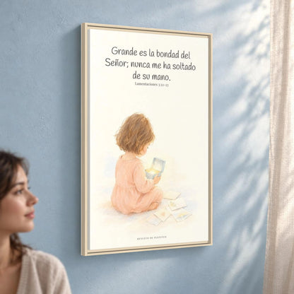 Grande es la bondad del Señor conmigo — Lienzo Cristiano Enmarcado | Lamentaciones 3:22-23 — 24×36 pulgadas, marco natural, vista angular ambiental del marco flotante, escala física calibrada