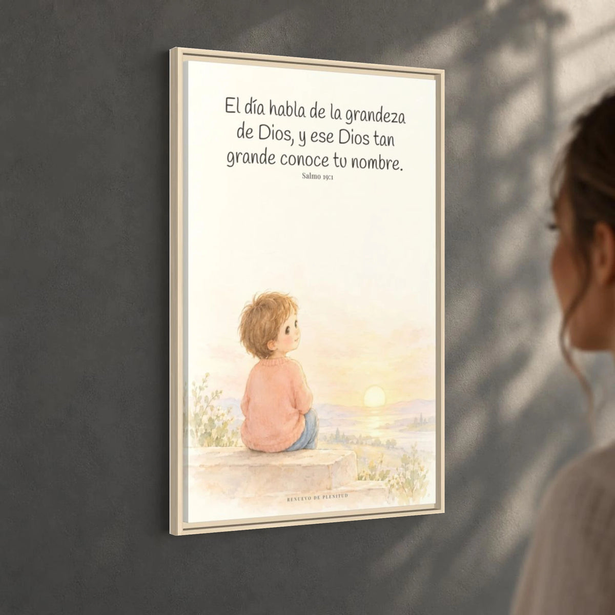 El día habla de la grandeza de Dios | Lienzo cristiano decorativo | Salmo 19:1 — 24×36 pulgadas, marco natural, vista angular ambiental del marco flotante, escala física calibrada