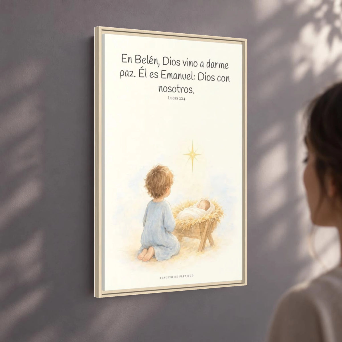 En Belén, Dios vino a darme paz — Lienzo Cristiano Enmarcado | Lucas 2:14 — 24×36 pulgadas, marco natural, vista angular ambiental del marco flotante, escala física calibrada