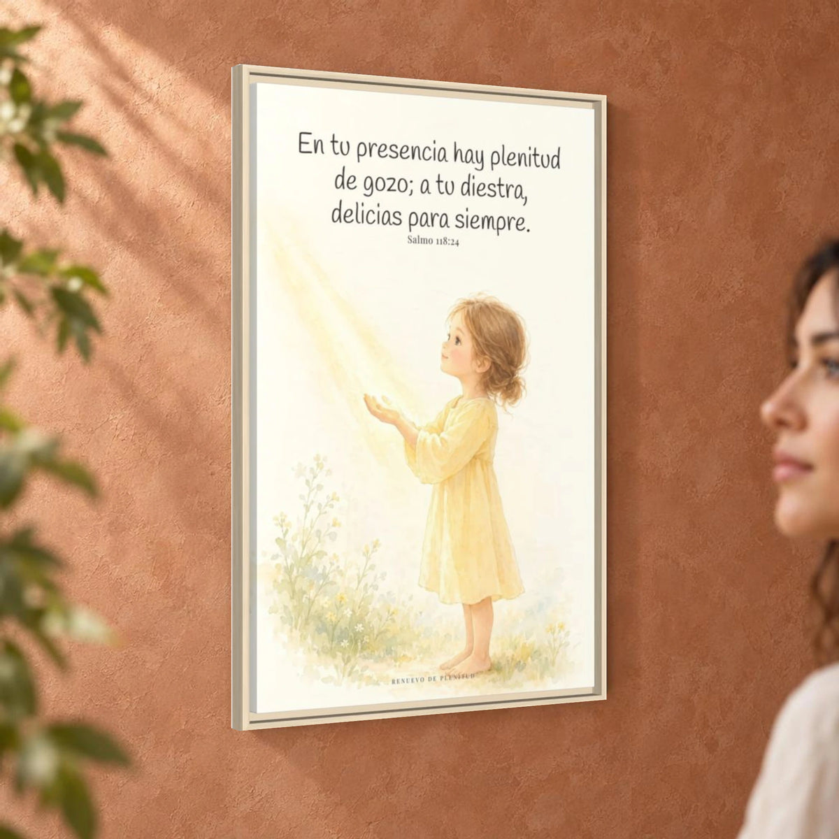 En la presencia de Jehová hay plenitud de gozo — Lienzo Cristiano Enmarcado | Salmo 118:24 — 24×36 pulgadas, marco natural, vista angular ambiental del marco flotante, escala física calibrada