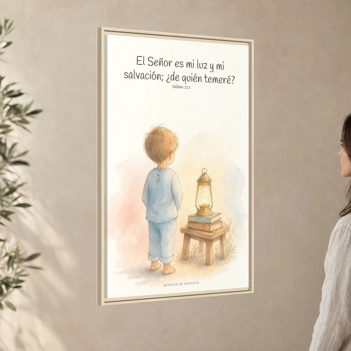 Jehová es mi luz y mi salvación — Lienzo Cristiano Enmarcado | Salmo 27:1 — 24×36 pulgadas, marco natural, vista angular ambiental del marco flotante, escala física calibrada
