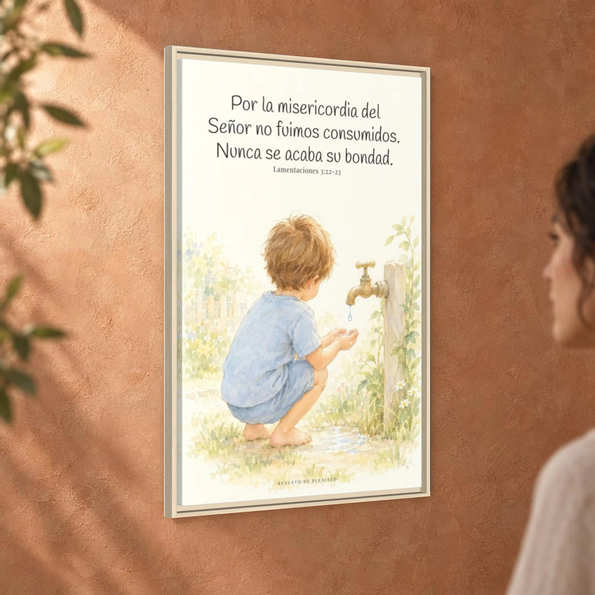 Nunca se acaba la misericordia de Dios — Lienzo Cristiano Enmarcado | Lamentaciones 3:22-23 — 24×36 pulgadas, marco natural, vista angular ambiental del marco flotante, escala física calibrada