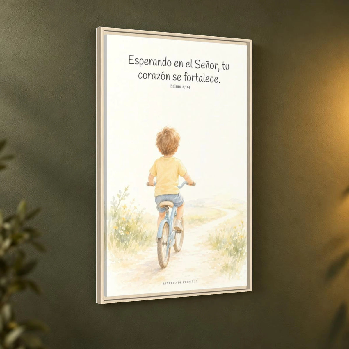 Jehová fortalece tu corazón — Lienzo Cristiano Enmarcado | Salmo 27:14 — 24×36 pulgadas, marco natural, vista angular ambiental del marco flotante, escala física calibrada