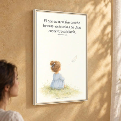 La prisa del corazón no agrada a Dios | Decoración cristiana enmarcada | Proverbios 14:29 — 24×36 pulgadas, marco natural, vista angular ambiental del marco flotante, escala física calibrada
